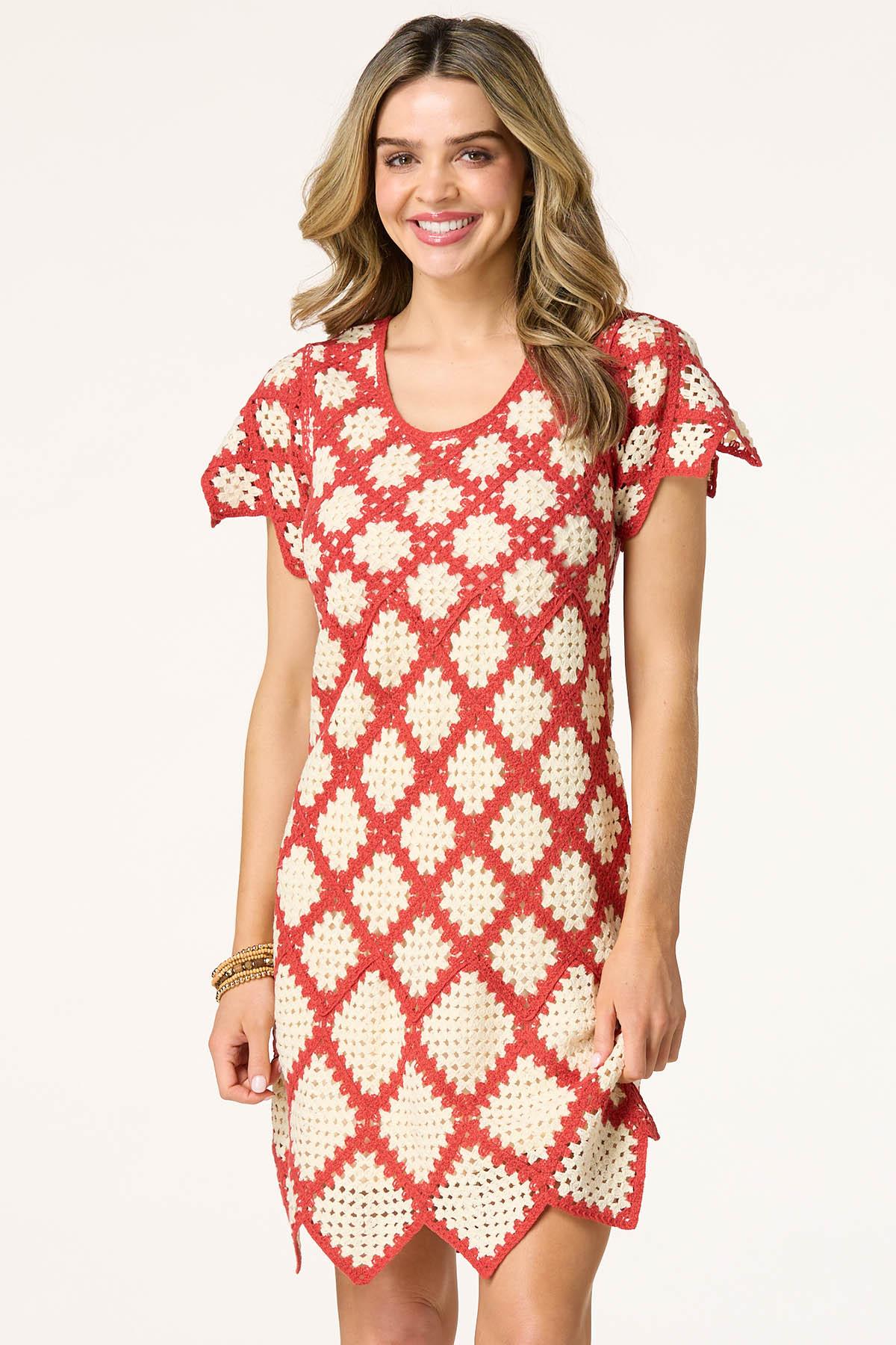 Crochet Geo Red White Sheath Dress