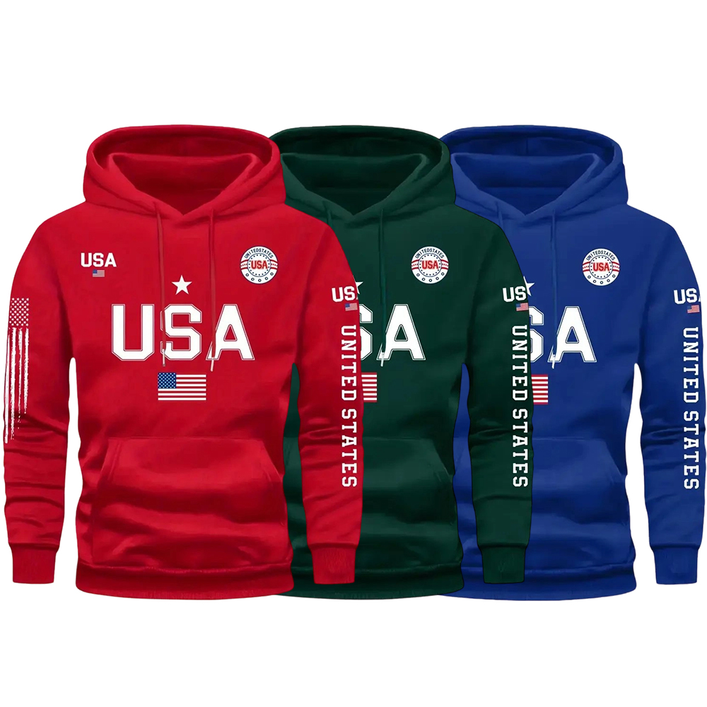 USA flag print hoodie men's fleece sweatshirt, 2026 spring pullover hooded sports hoodie