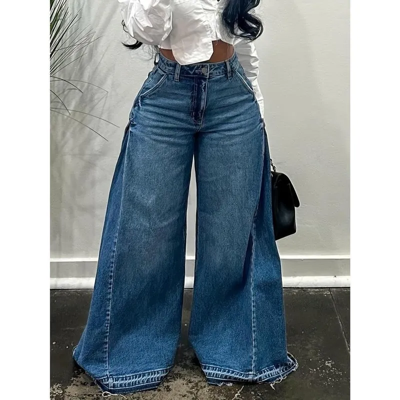 Women Flared Wide Side Loose Jeans High Waist