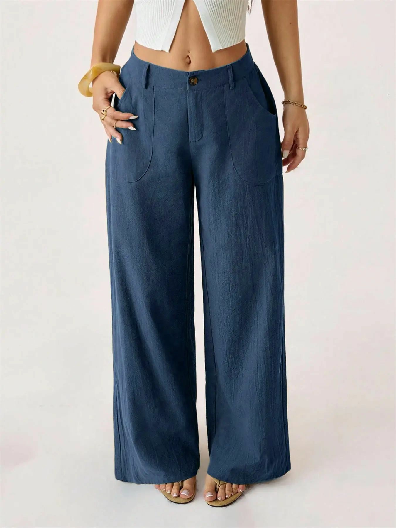 Women's Classical Linen Palazzo Pants Summer Flowy Wide Straight Leg Beach Trousers With Pocket