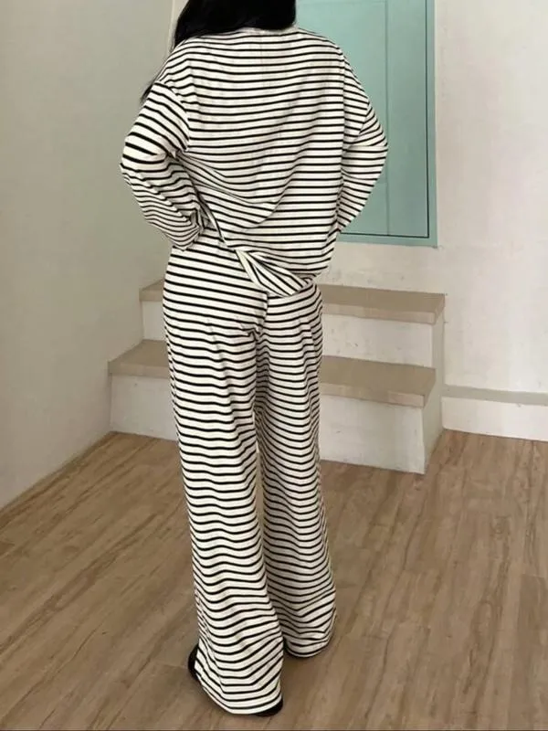 Women's Casual Striped Long Sleeve Top & Pants Set