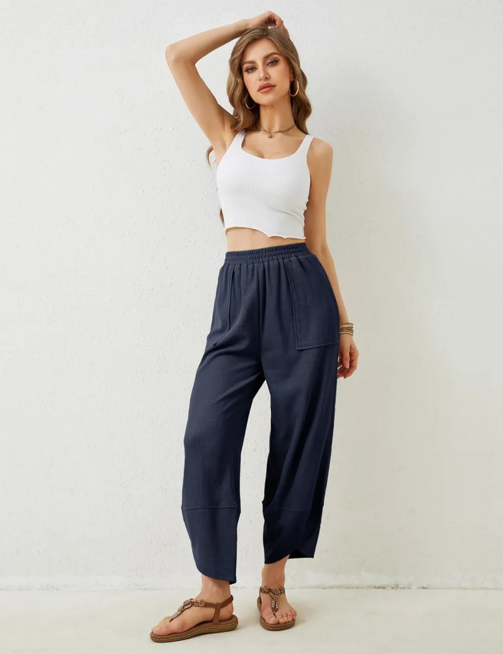 Women's Wide Leg Harem Pants Casual Palazzo Pants with Pockets High Waist Relaxed Fit