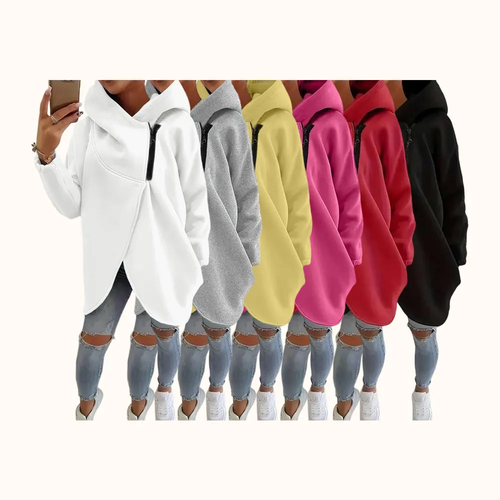 Women's Plus Size Hooded Sweatshirt, Full Zip Fashion Design, Asymmetrical Hem
