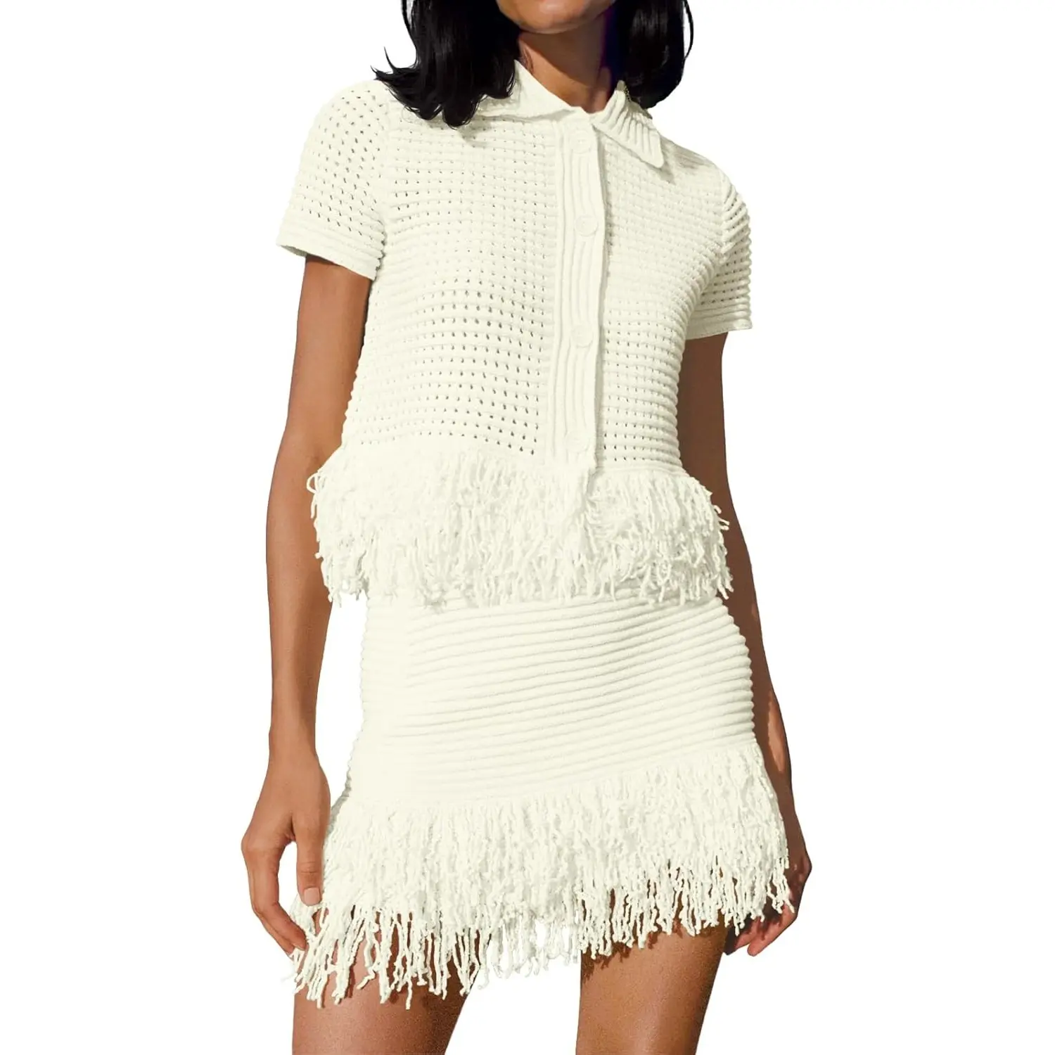 Womens 2 Piece Crochet Outfits Short Sleeve Button Knit Sweater Tops Fringe Skirt Summer Vacation Sets Beach Cover Ups