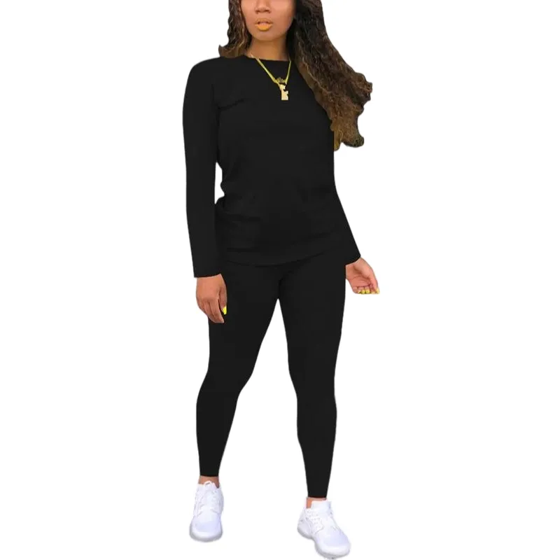 Women's Minimalist Chic Solid Long Sleeve Tee & Elastic Waist Pants Set