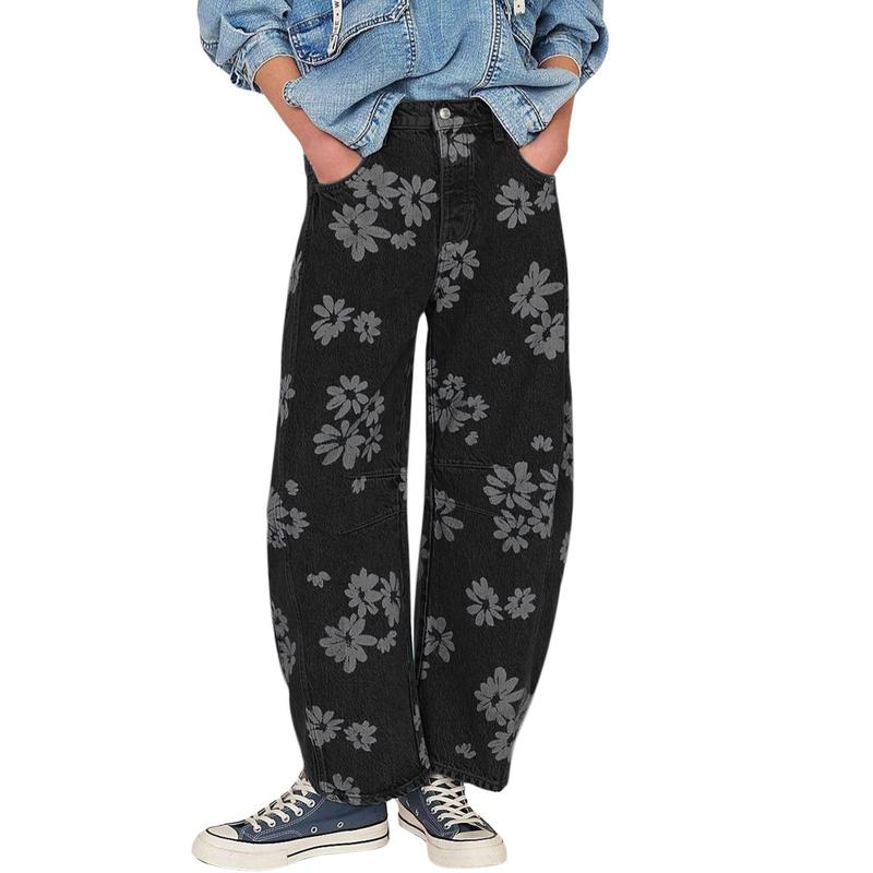 Women's Simple Floral Jeans Y2K Loose Wide-Leg Jeans Boyfriend Style Printed Stitching Jeans