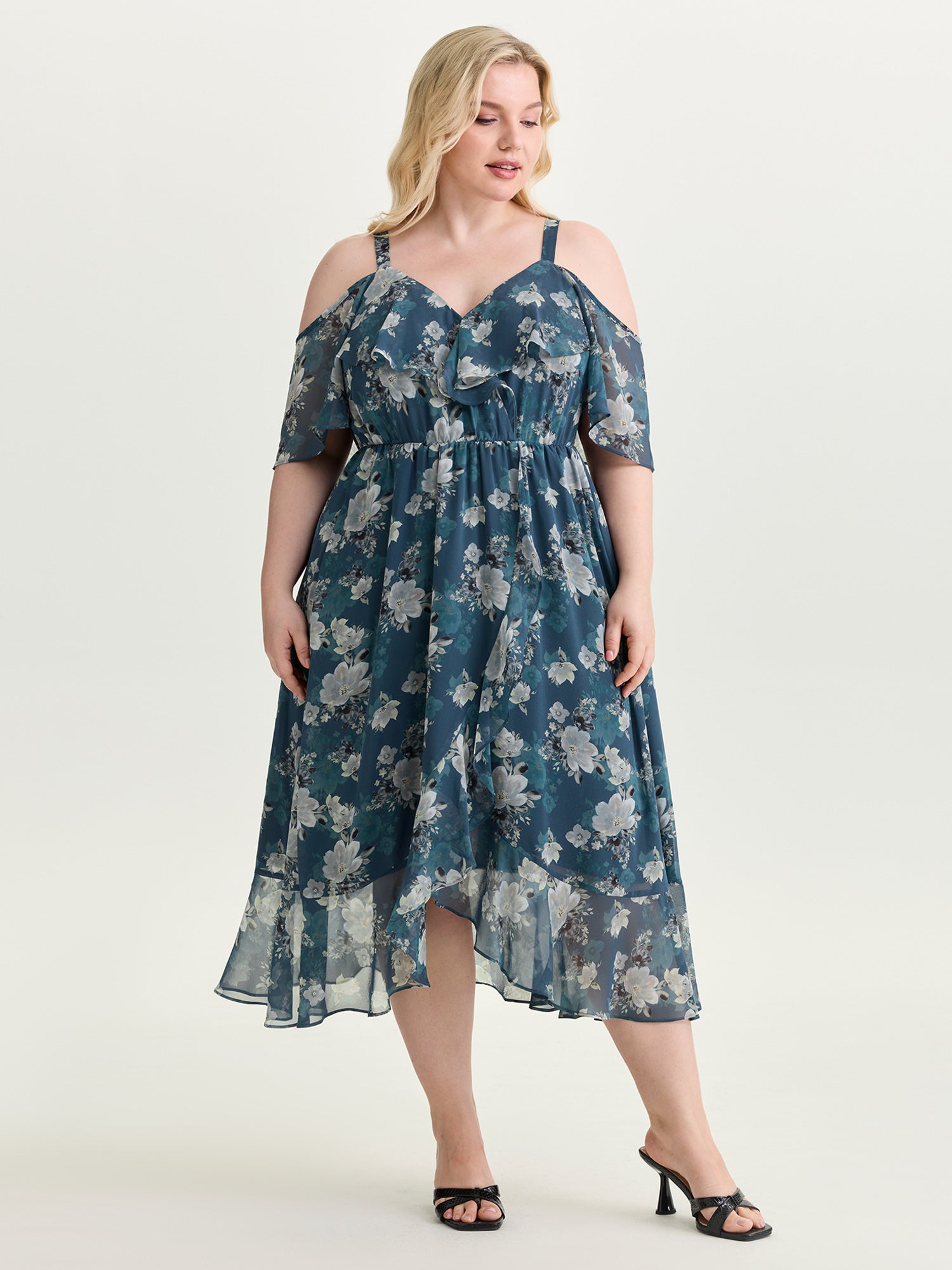 Floral Print Cold-Shoulder Midi Dress