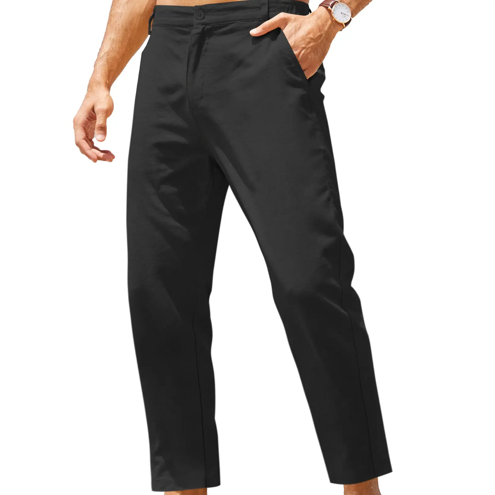 Men's Cotton Linen Pants Elastic Waist Lightweight Casual Pants