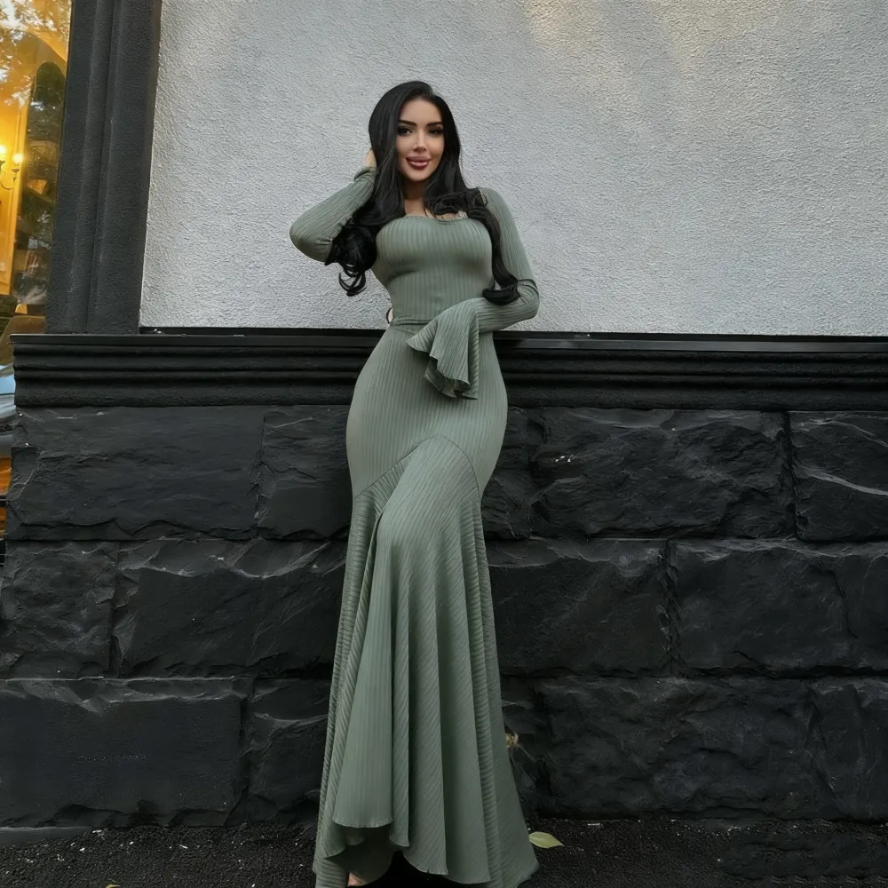 Women's Plain Lace Up Flounce Sleeve Dress