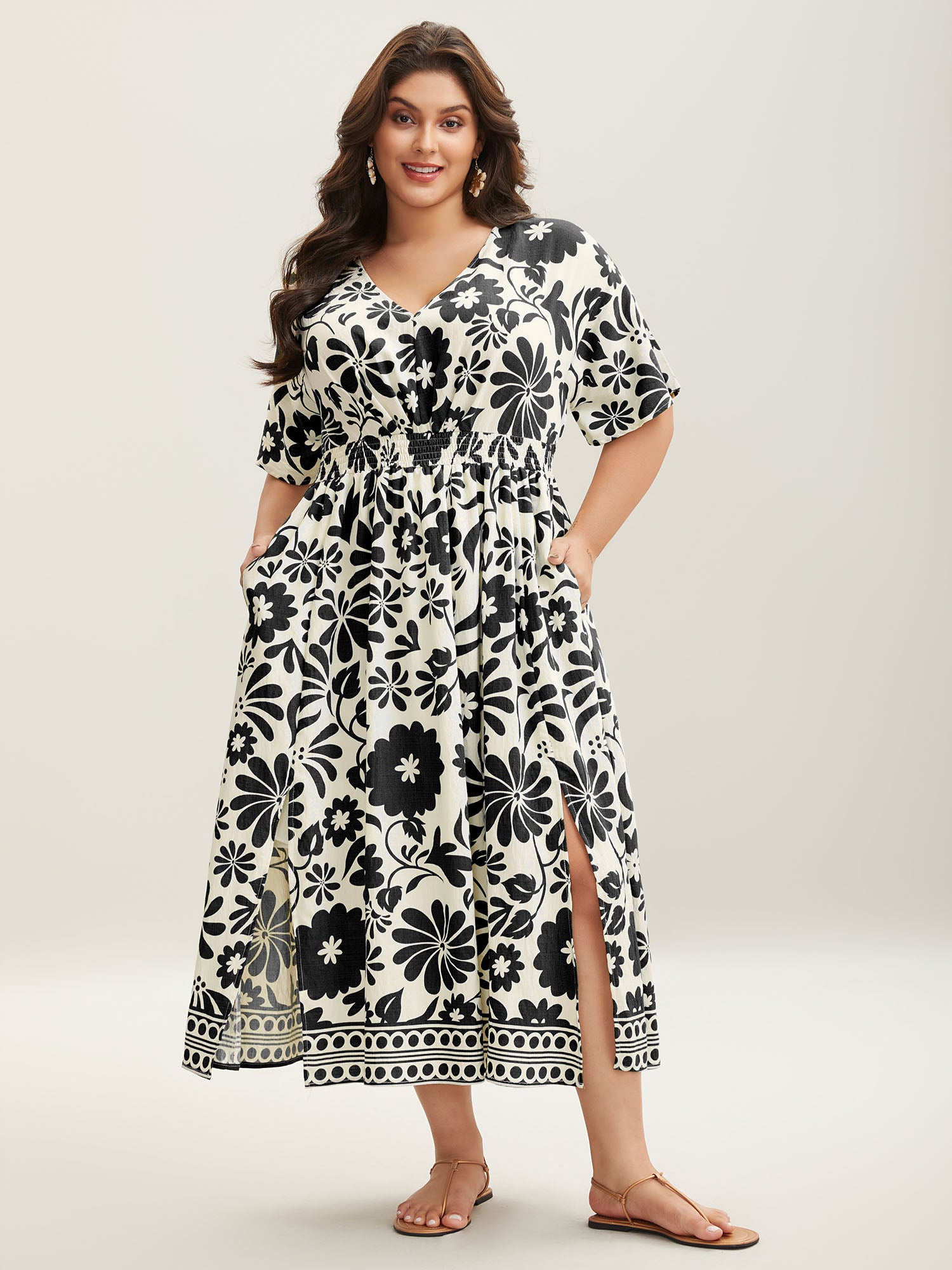 Large Floral Print Pockets Midi Dress