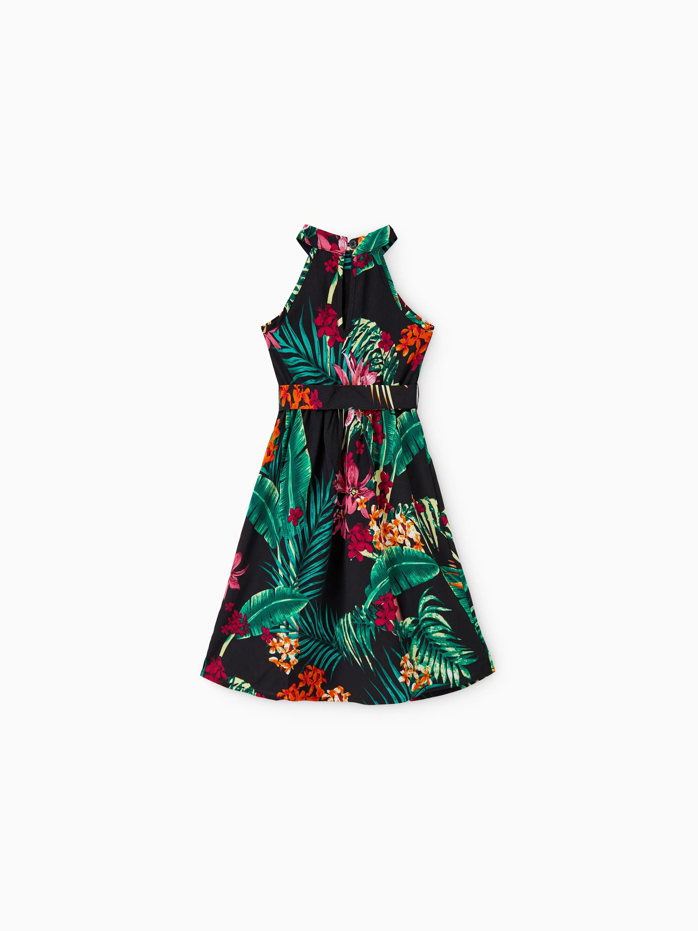 Family Matching Allover Plant Floral Print Halterneck Dresses and Short-sleeve Shirts Sets Black