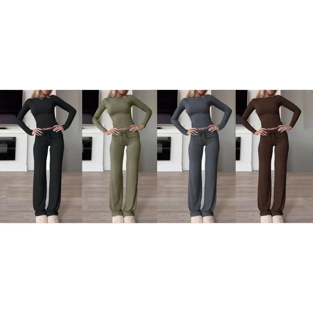 Two-Piece Set Women's Solid Color Long Sleeve Crop Tee & High-Waisted Drawstring Pants Set