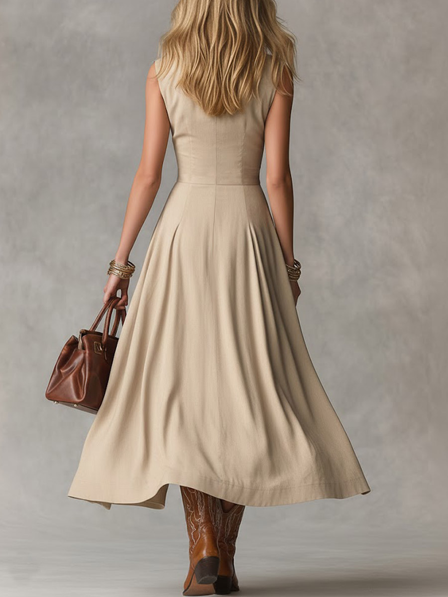 Women's Solid Color Collared Sleeveless Casual Loose Cotton Linen Dress