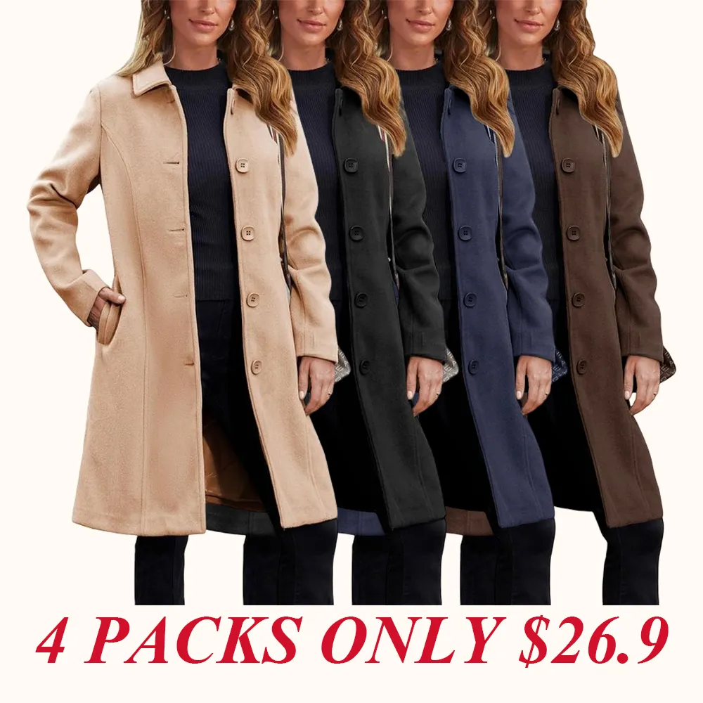 Women's Faux Wool Peacoat Single Breasted Notched Collar Trench Coat