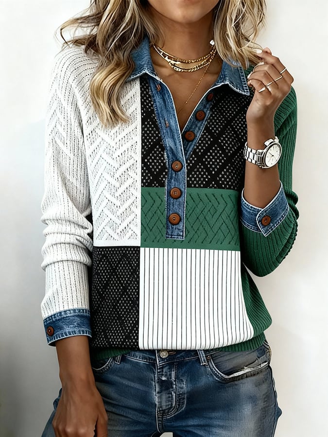 Women'S Casual Loose Color-Blocked Print Patchwork Top