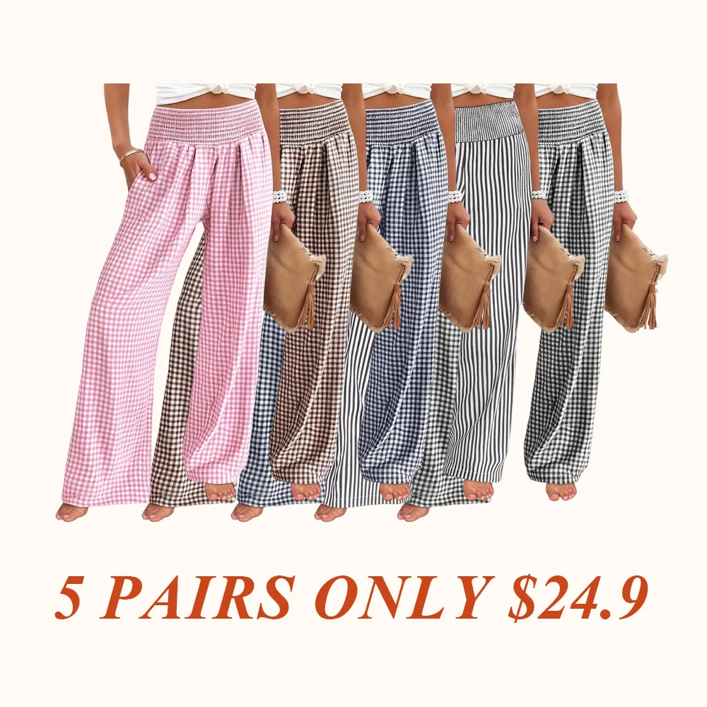 Womens Striped Gingham Palazzo Pants Wide Leg High Waisted Lounge Pajama Pants