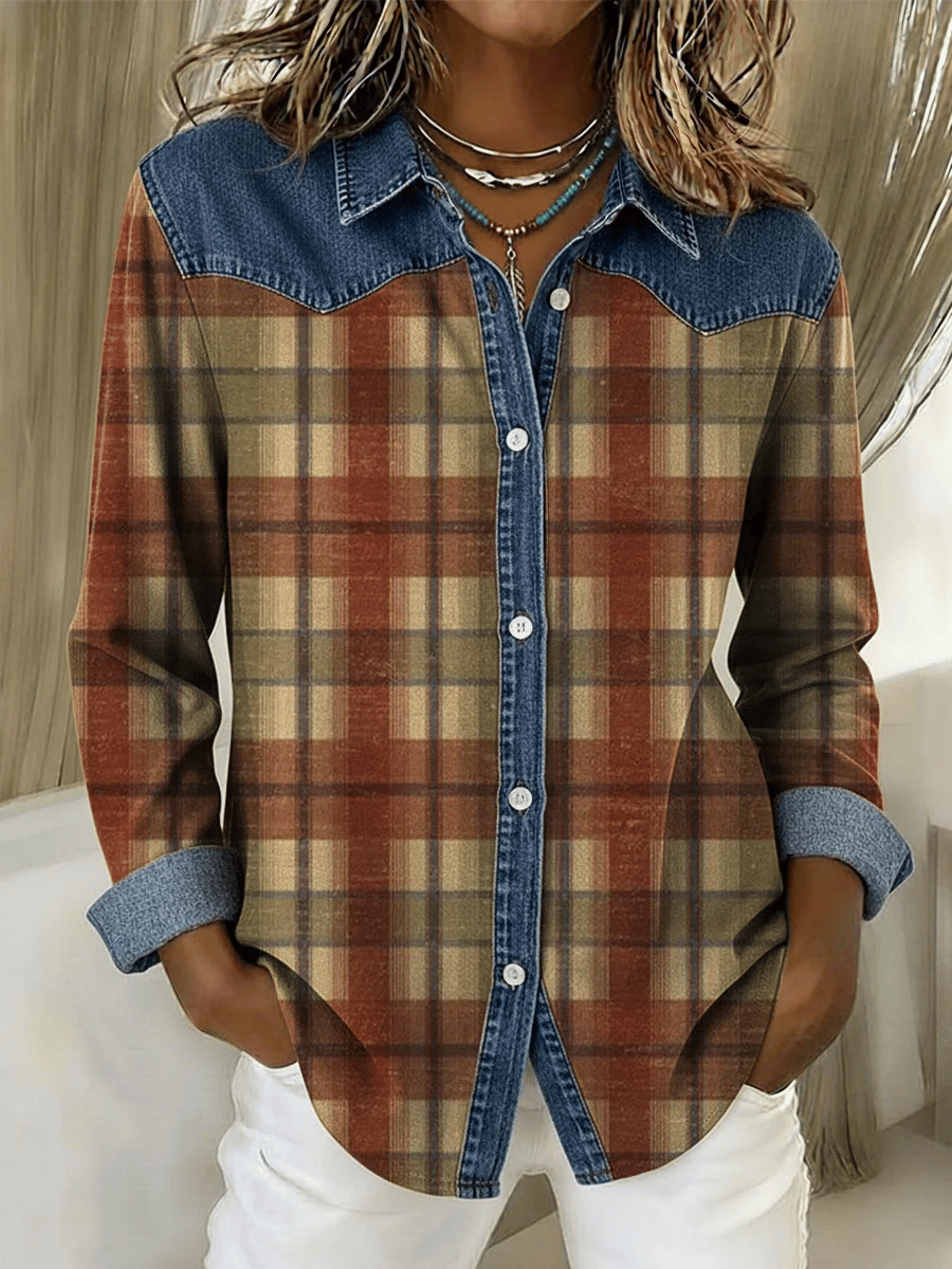 Women's Vintage Plaid Pattern Denim Patchwork Blouse