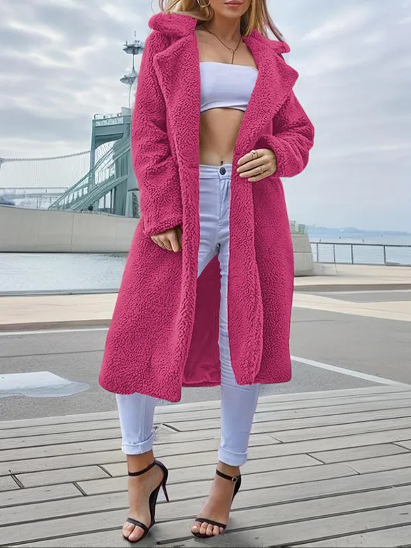 Women's Plain Pocket Button Front Faux Fur Coat