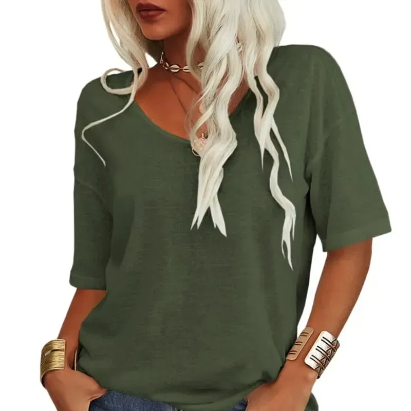 Women Soft V Neck Tshirt Half Sleeve Lightweight Solid Color Loose Fit Minimalist Top