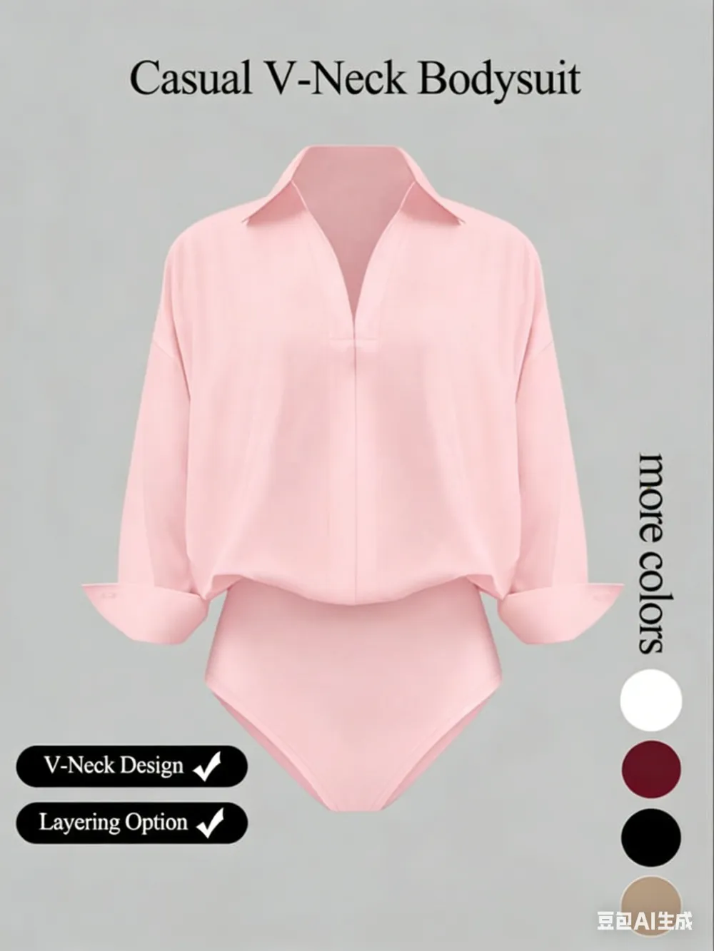 Women's casual loose-fitting V-neck long-sleeved shirt jumpsuit, made from elegant woven fabric