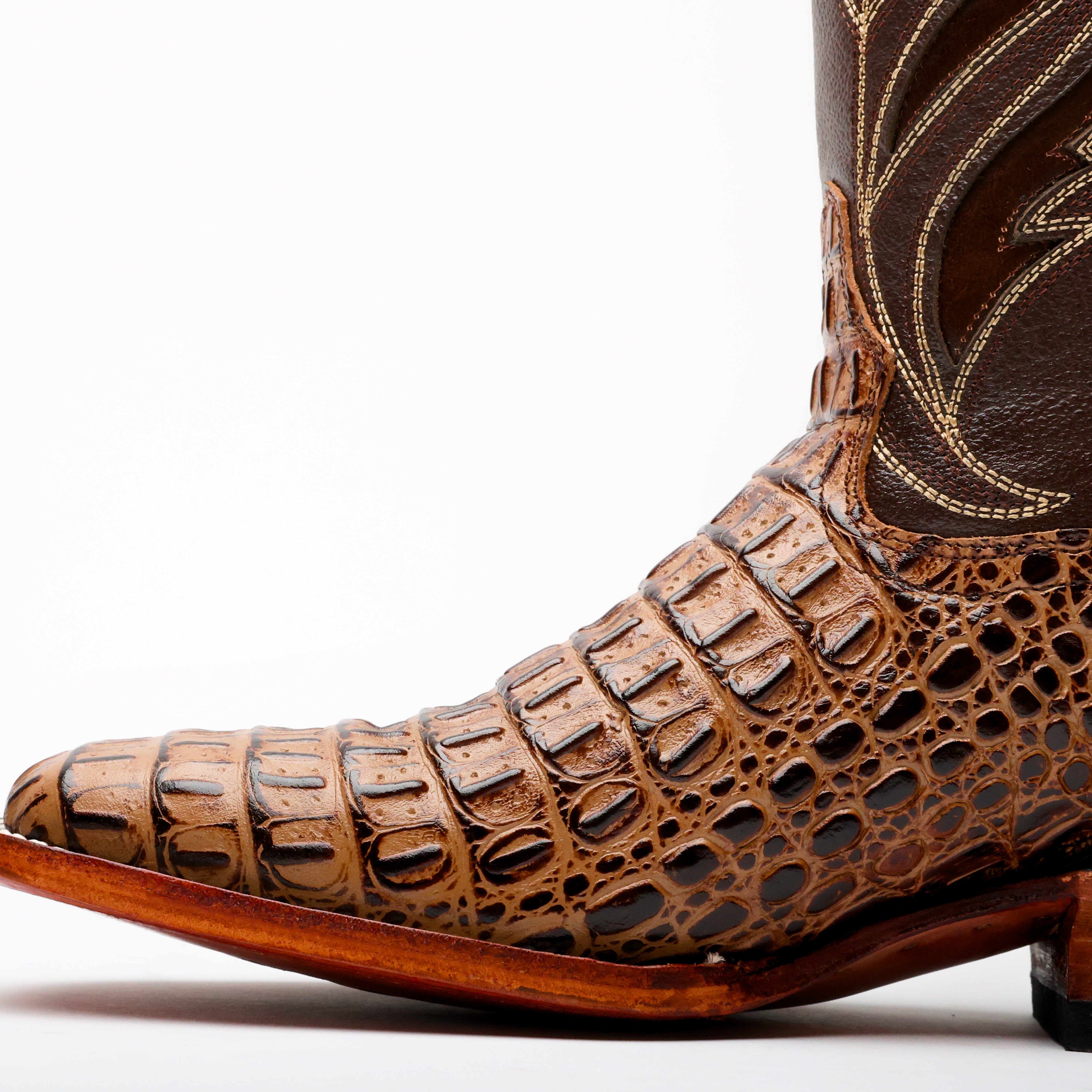 Honey Caiman Hornback Leather Boots - Square Toe