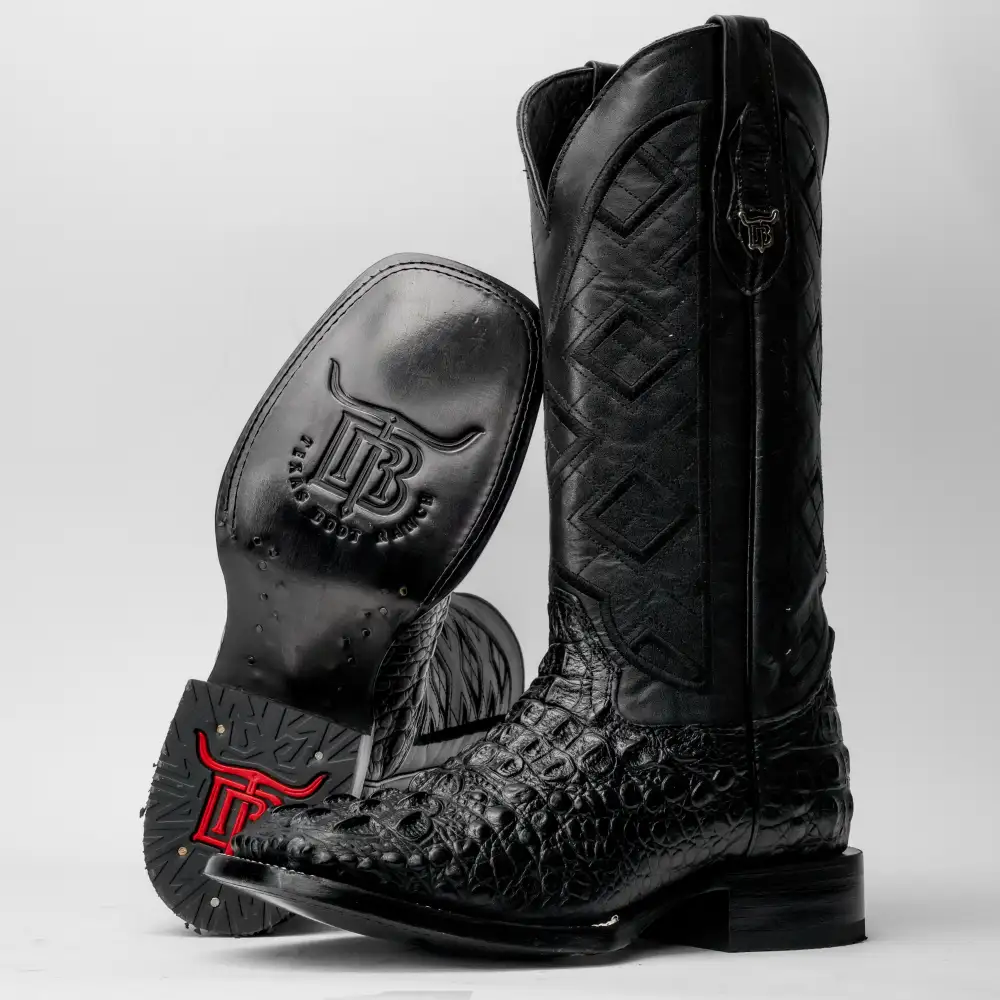 Black Caiman Neck Leather Boots - Square Toe
