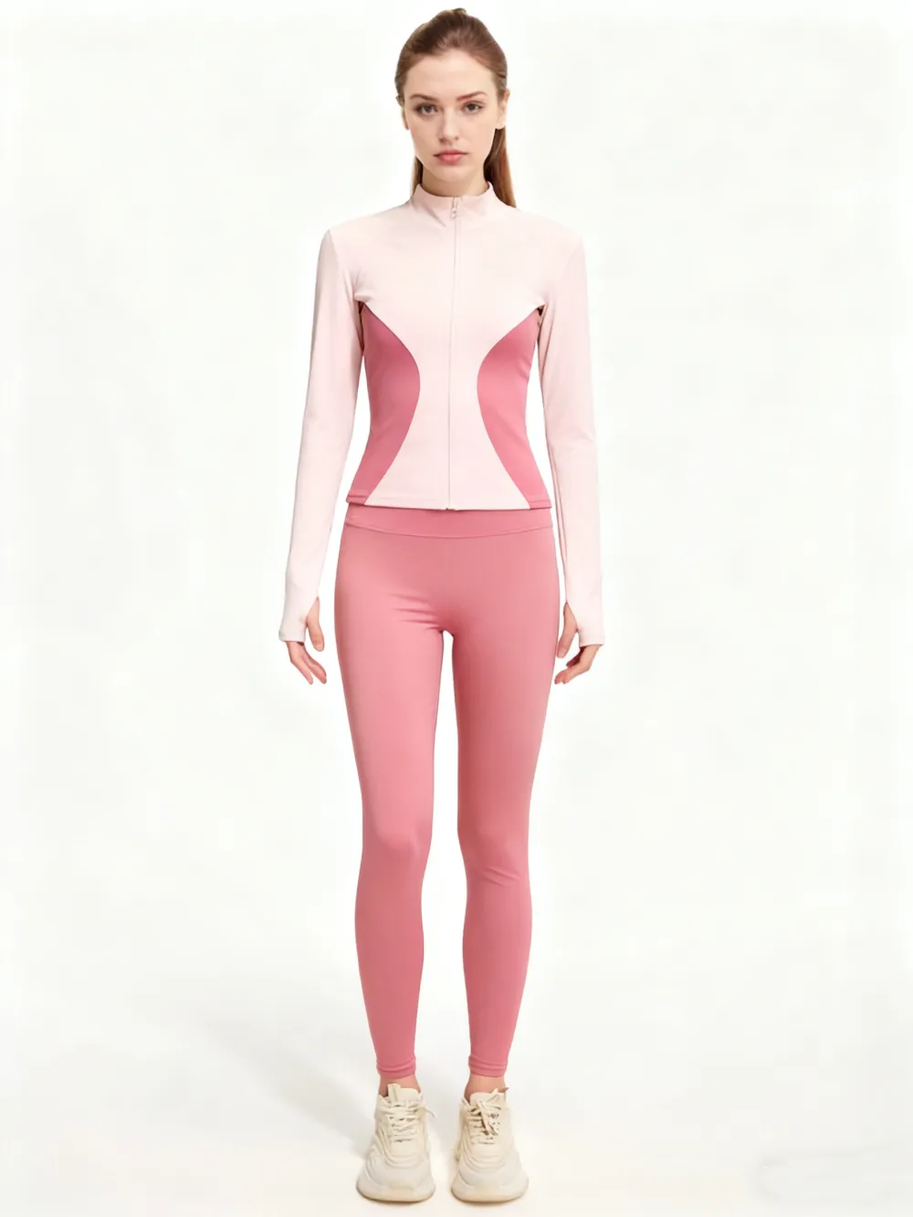 Women's Solid Zip Up Mock Neck Sports Jacket & High Waist Leggings Set