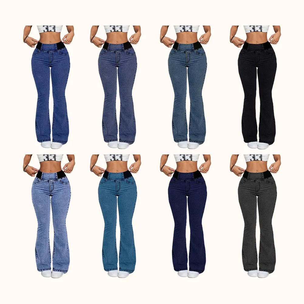 Women's Back Shirred Jeans, Mid - Rise Elasticity Waist Flared Jeans