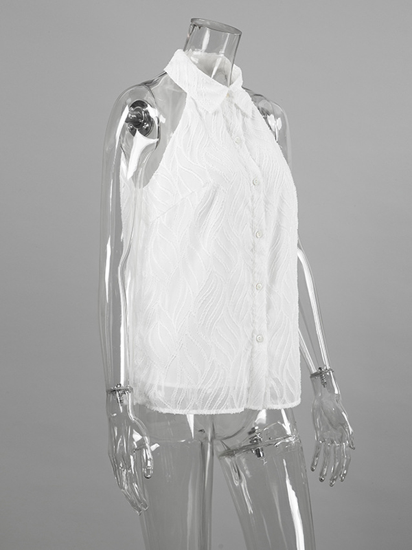 Jacquard See-Through Solid Color Sleeveless Lapel Blouses&Shirts Tops