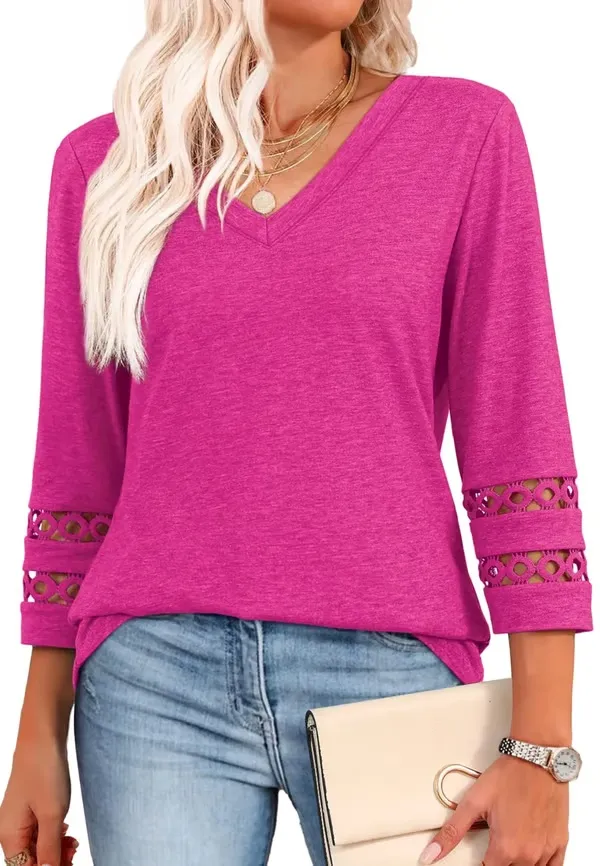 Womens 3/4 Length Sleeve Tops Trendy V Neck T Shirts(Just $3 a Each!)