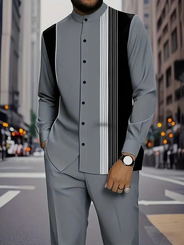 2 piece men's black and white vertical stripe graphic printed button up collar top and drawstring waist casual pants