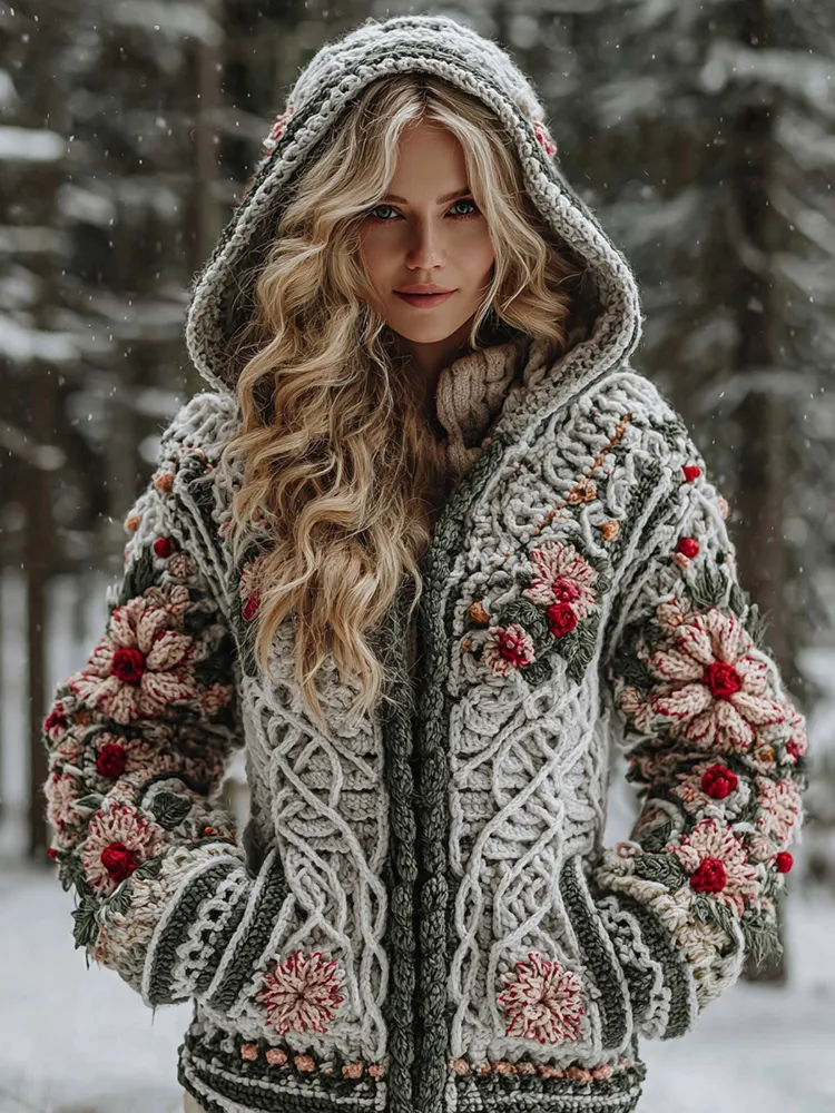 Women's Celtic Knot Christmas Flower Winter Violin Jacquard Zipper Hooded Sweater