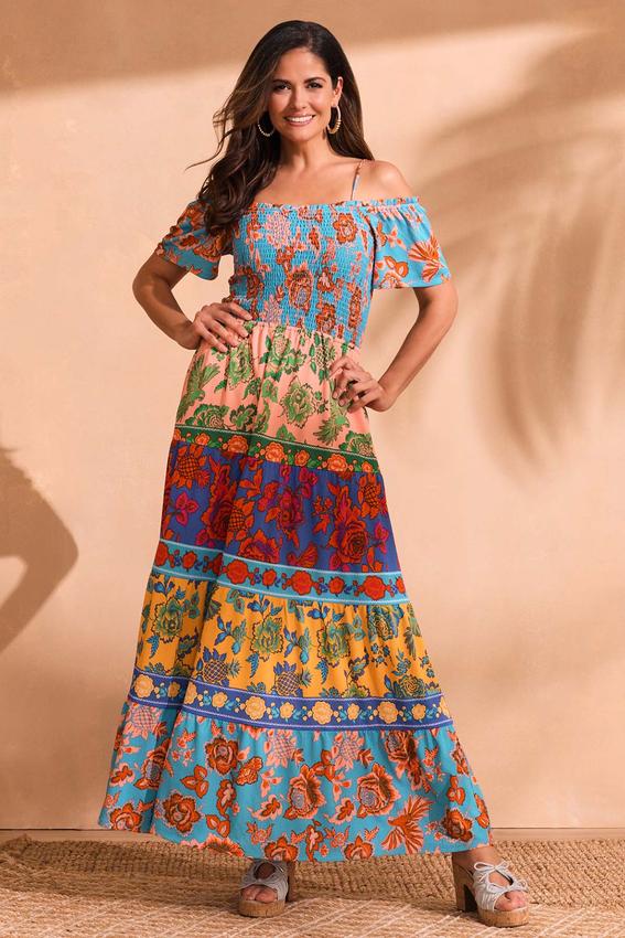 Floral Color Block Maxi Dress