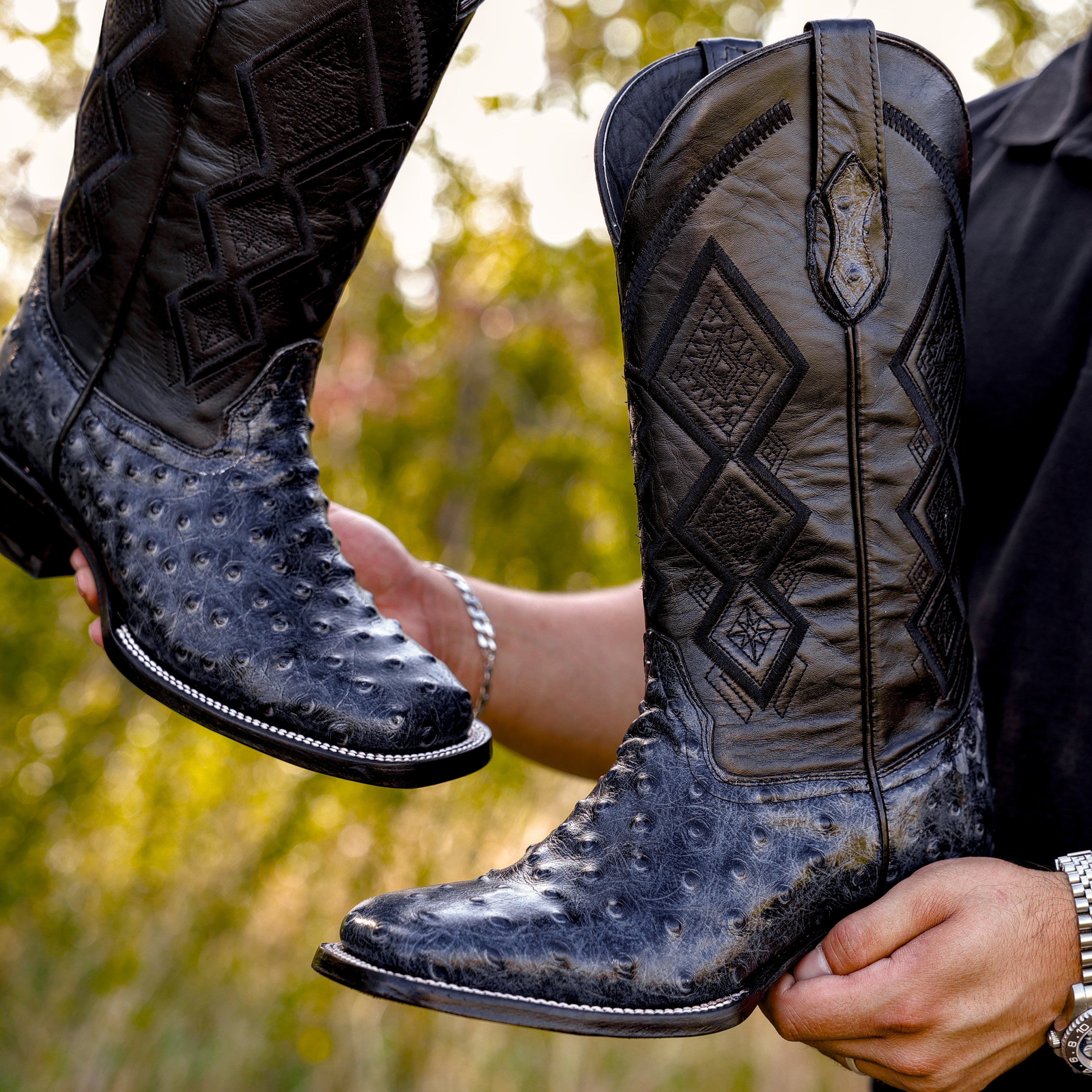 Grey Ostrich Leather Boots - Square Toe