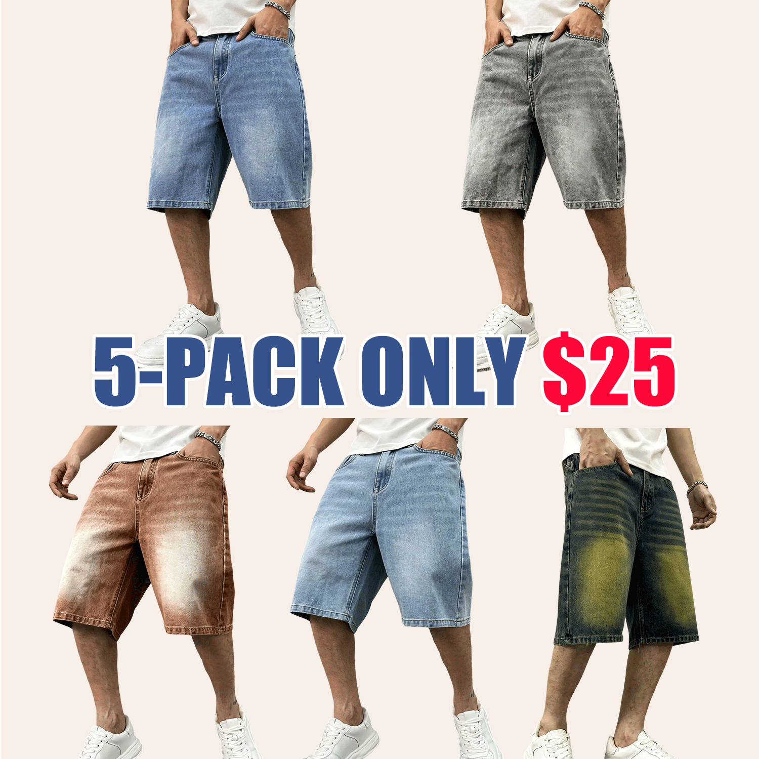 Men's washed retro color denim shorts