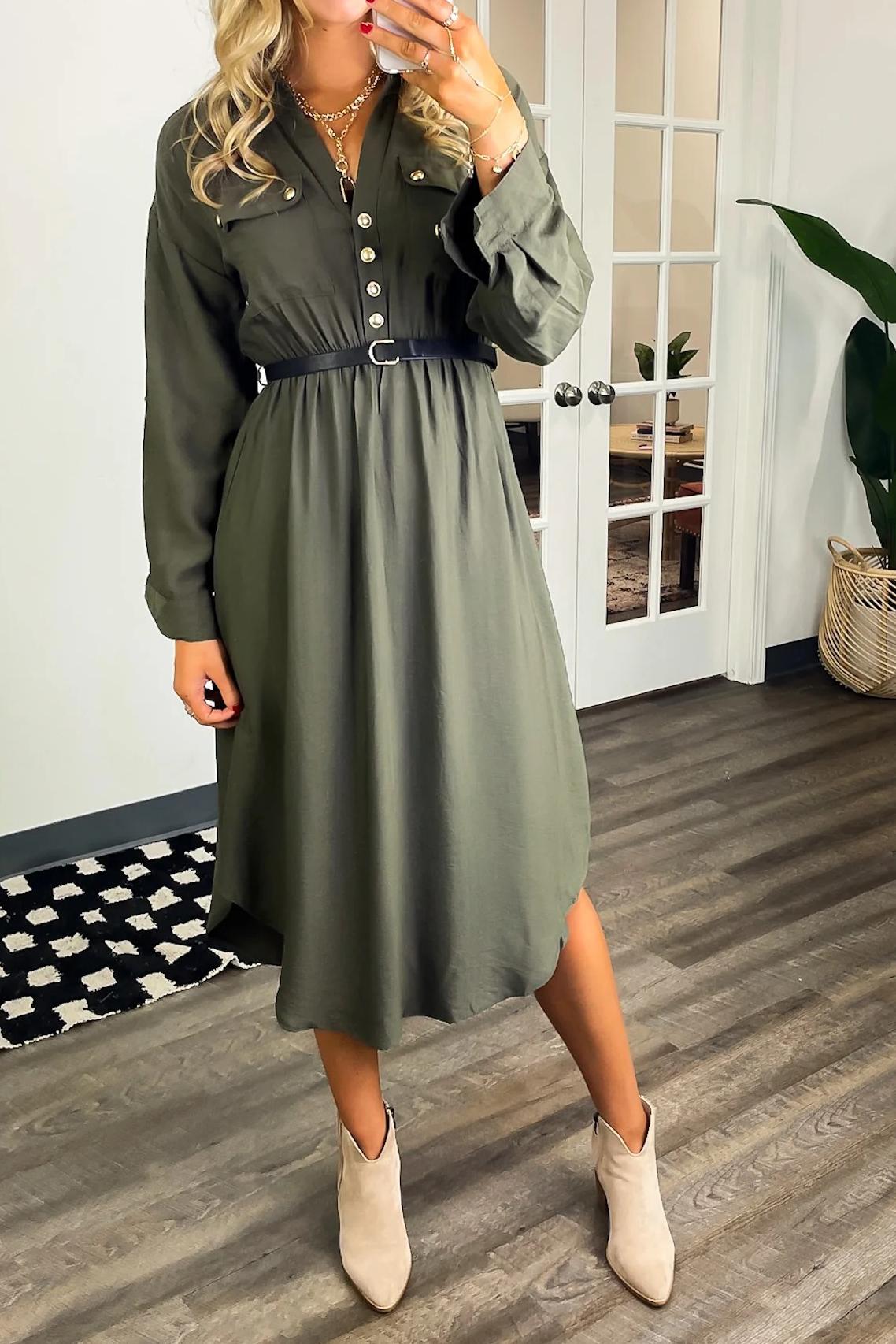 Button Down Belted Midi Dress