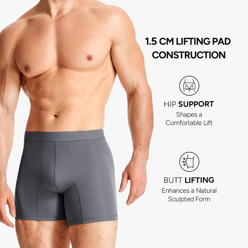 Mens 3D Butt Lift Enhancing Shapewear Boxer Briefs with Built-in One-Piece Fixed Hip Pad, Seamless Compression Underwear with High Elastic Waistband, 3D Contour Cut, Breathable Stretch Fabric for Tummy Control & Daily Support, Moisture-Wicking
