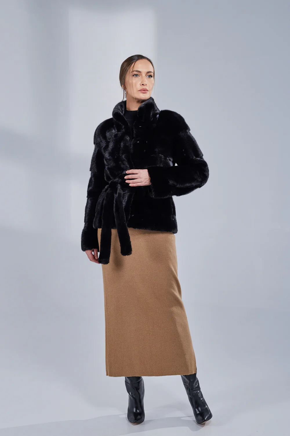 Haină din Blană Naturală de Vizon, cu Cordon, Femei, Obsidian 191