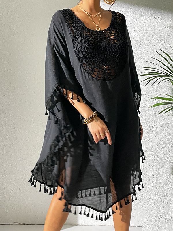 Hollow Solid Color Sun Protection Tasseled Batwing Sleeves Loose Round-Neck Midi Dresses Cover-Ups Tops