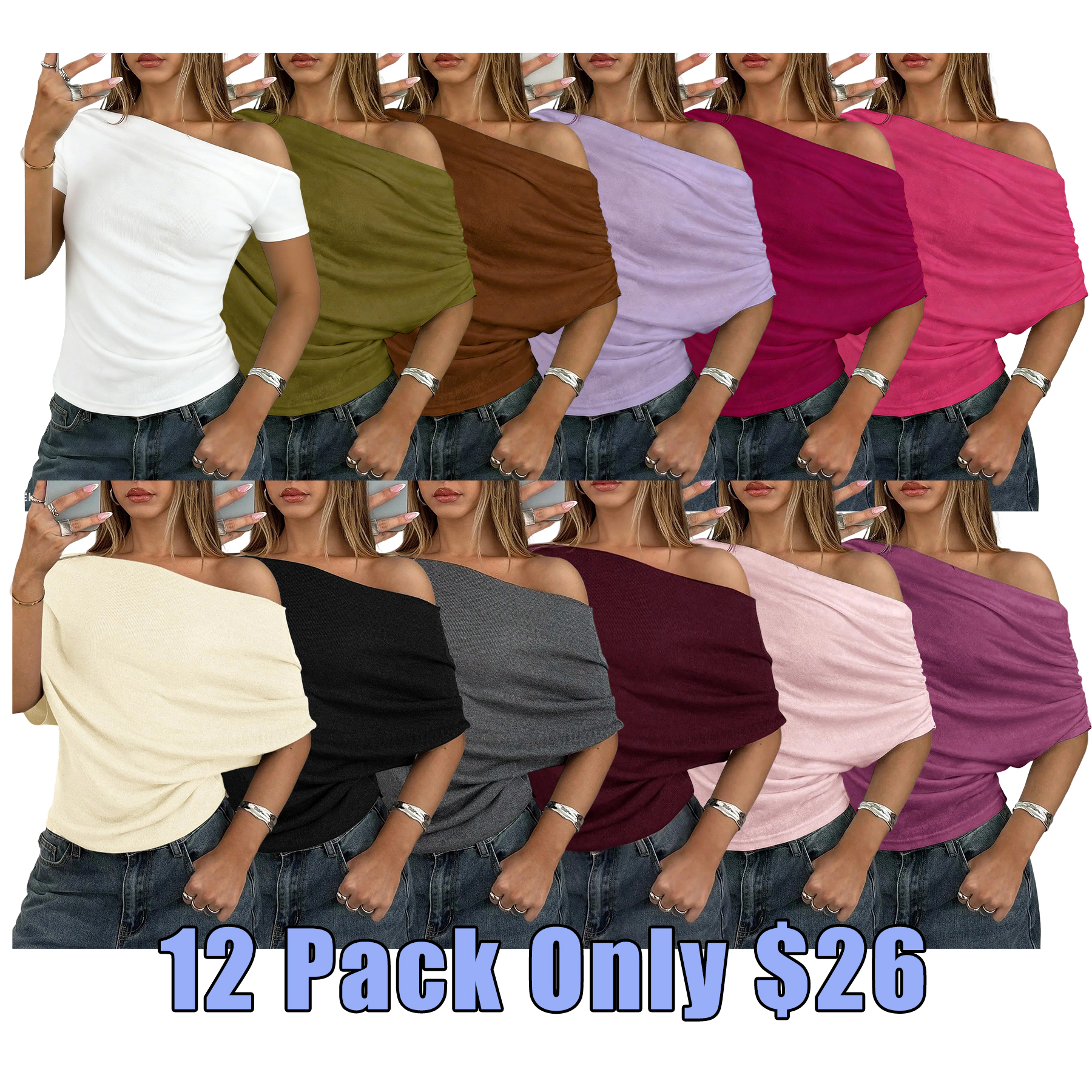 Women’s Asymmetric Neck Knit Tee – Slim Fit Everyday Top