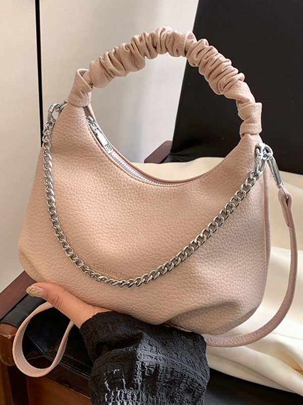 Chains Pleated Solid Color Zipper Handbags Crossbody Bags