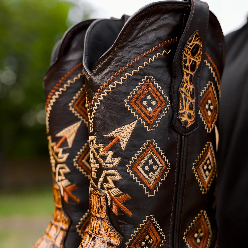 Honey Caiman Neck Leather Boots - Square Toe