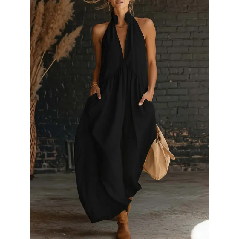 2026 Minimalist Halter Neck Maxi Dress | Casual Loose Fit Pocket Dress | Effortless Summer Outfit for Women