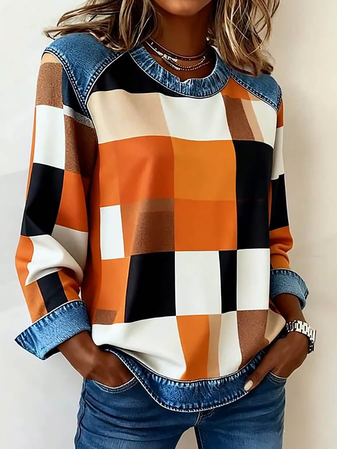 Women'S Casual Round Neck Denim Patchwork Plaid Print Pullover Sweatshirt