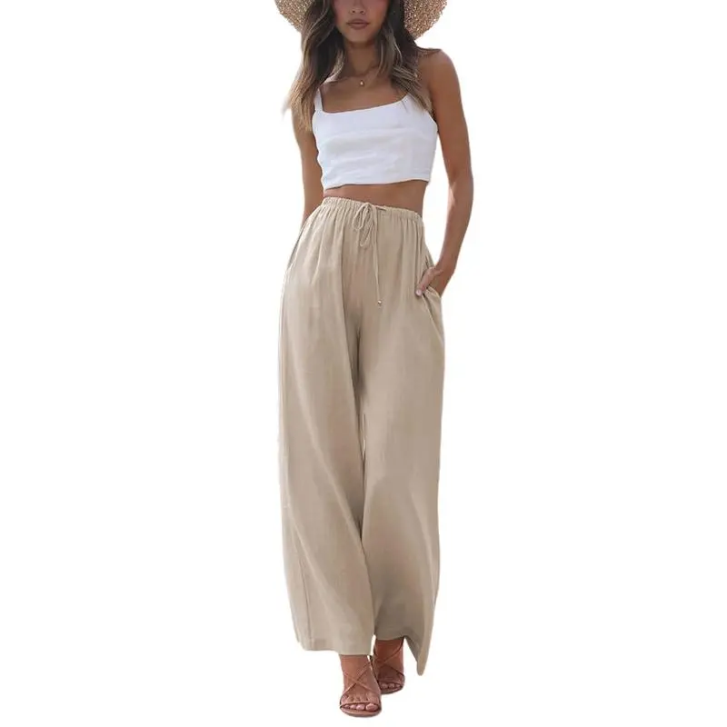 Women's Cotton Linen Summer Palazzo Pants Flowy Wide Leg Beach Trousers with Pockets Casual Womenswear