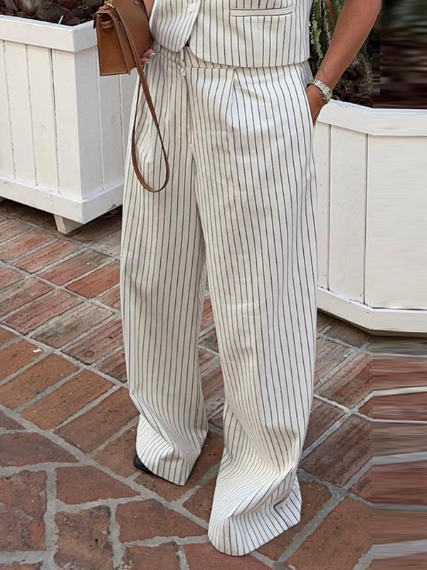 Striped Loose Sleeveless Buttoned V-Neck Vest Top + Pockets Pants Bottom Two Pieces Set