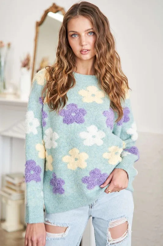 Full Size Floral Popped 2-Tone Sweater Top Plus Size