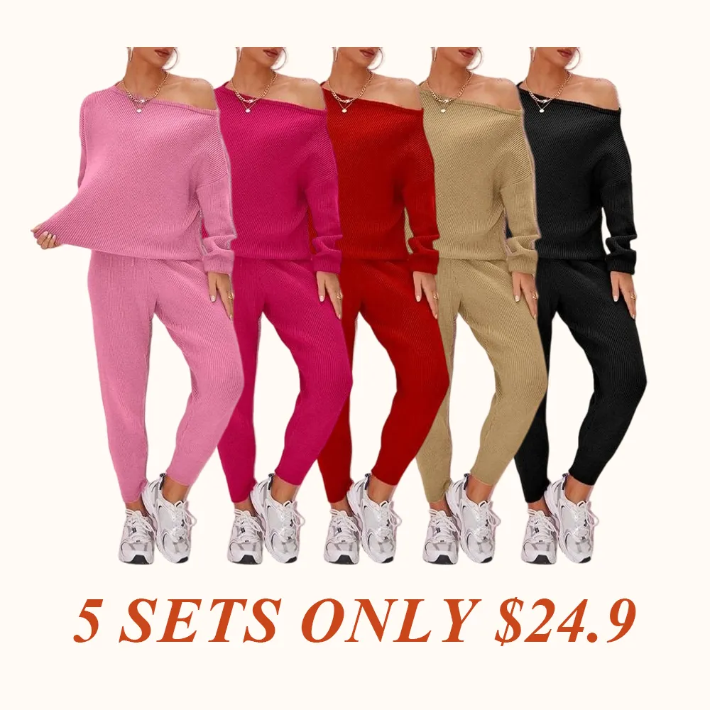 Women's 2025 Fall Winter Knit Set Oversized Sweater & Lounge Pants Matching Sets