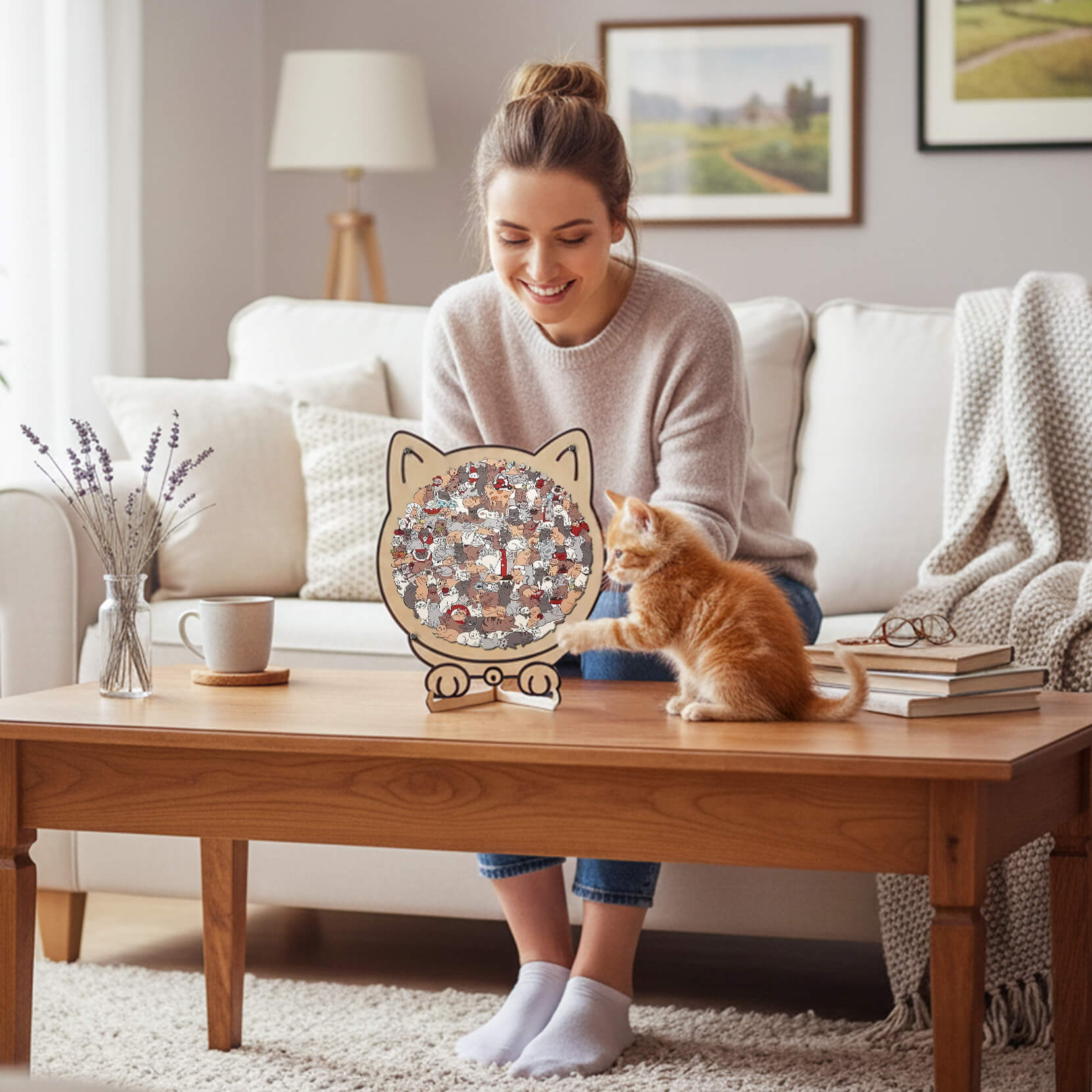 Morandi-Colored Cozy Cat Shaped Wooden Jigsaw Puzzle