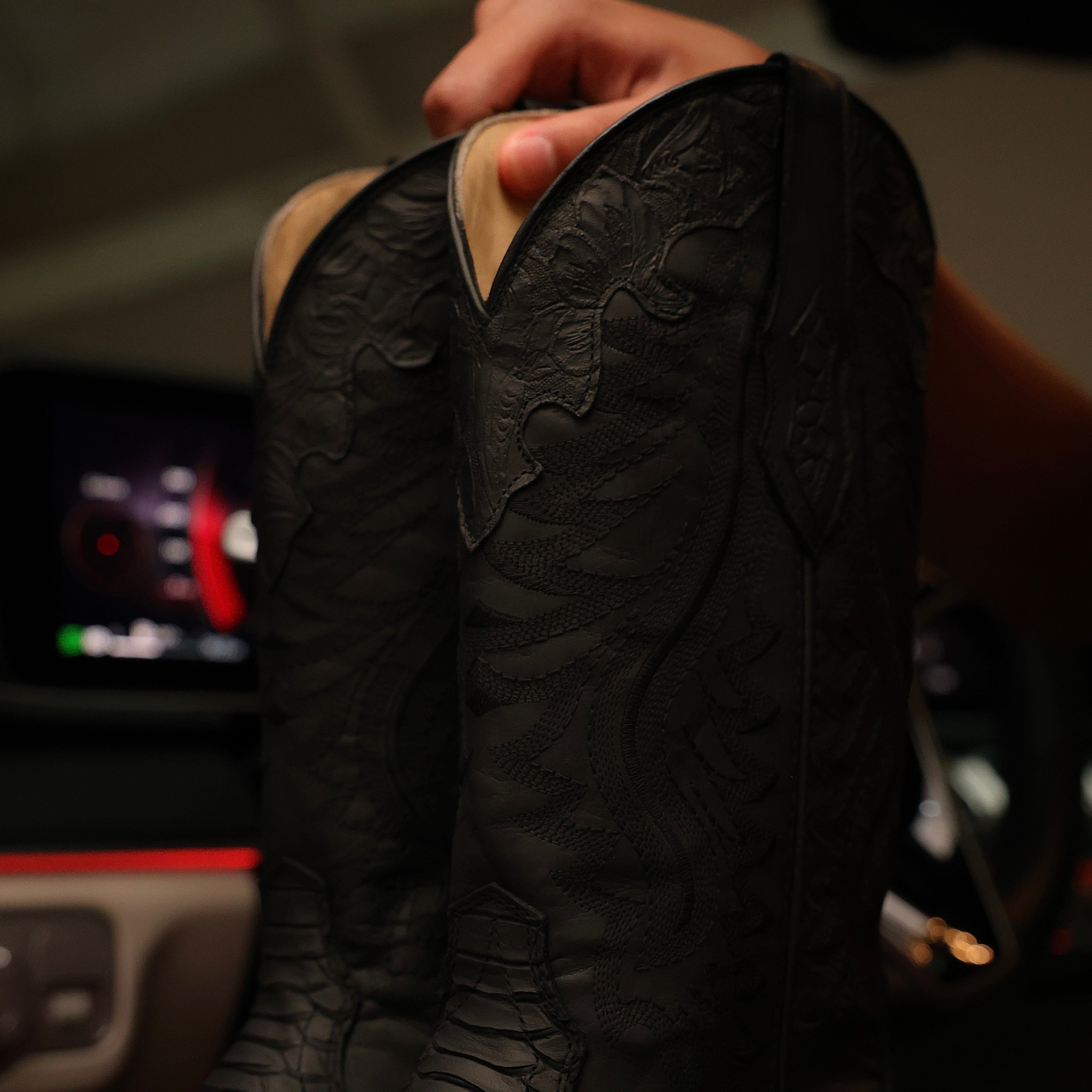 Matte Black Python Leather Boots - Square Toe